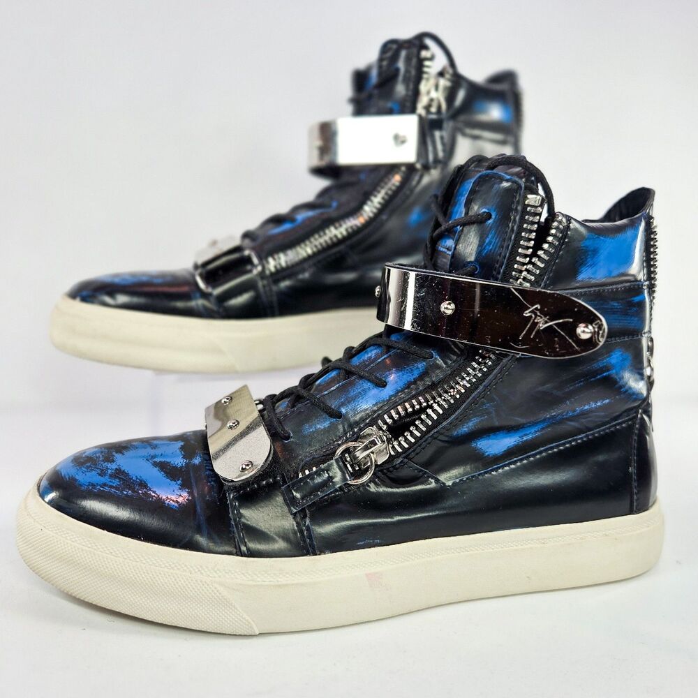 Giuseppe Zanotti Coby Blue Black Brushed Leather High-Top Sneakers US Men’s 8